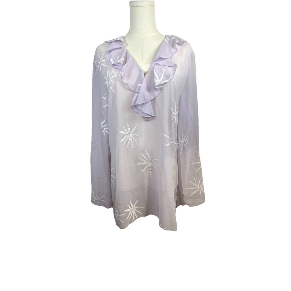 Women's Long Sleeve Sheer Pull On Ruffled Collar  Lavender & White  Blouse Sz Lg
